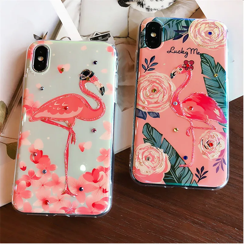 IMIDO Glitter Flamingo Phone case For iPhone 6 7 Plus Leaves Flower Jewelled Epoxy Soft Silicone 8 X back cover |