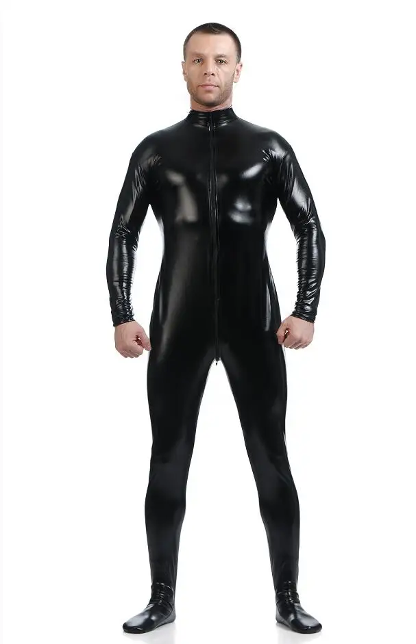 Ensnovo мужской латексный костюм черный блестящий металлик колготки Золотой зентай костюм полный тело Unitard на заказ кожи боди молния спереди
