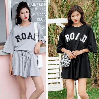 

Women Summer Casual Sets Solid Color O-neck Short Sleeve T-shirt + Wide Leg Shorts Letter Print Two-Piece Set 8