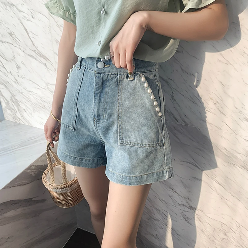

Kobykoyi Women Denim Shorts Classic Vintage High Waist Blue Wide Leg Female Caual Summer Ladies Beading Shorts Jeans For Women