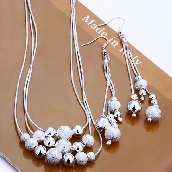 

Hot Sale Silver 925 Jewerly Set,Cheap Bridal Party Sets,Three Line Multi Beads Fashion Silver Necklace Earring Two-pieces