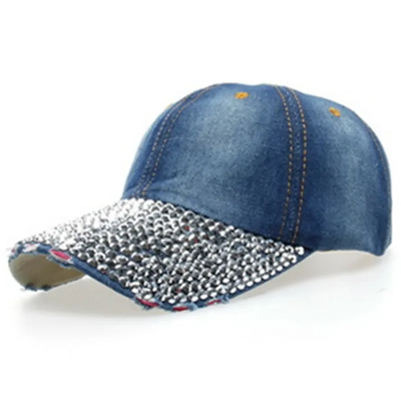 2017 Fashion Women Washed Denim Rhinestone Baseball Cap Jeans Cruved