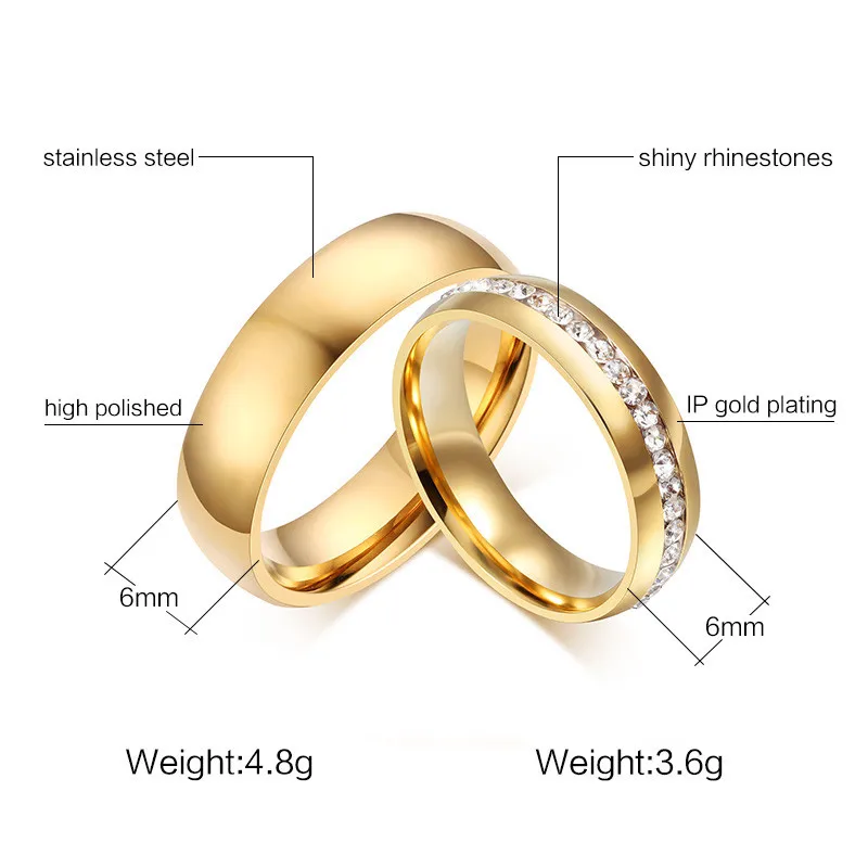 Modyle 2019 New Fashion Gold color Stainless Steel Wedding Bands Shiny Crystal Ring for Female Male Jewelry 6mm Engagement Ring