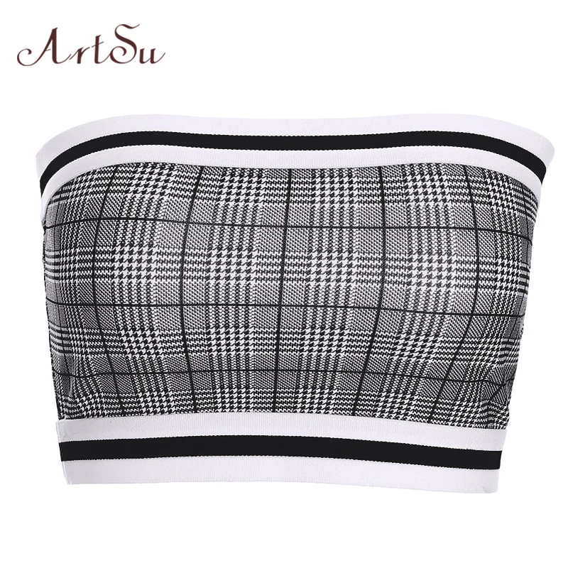 

ArtSu off shoulder crop top Mujer Sexy Clubwear Black Plaid Strapless Camisole Top Vintage Streetwear Short Top Cami ASVE20238