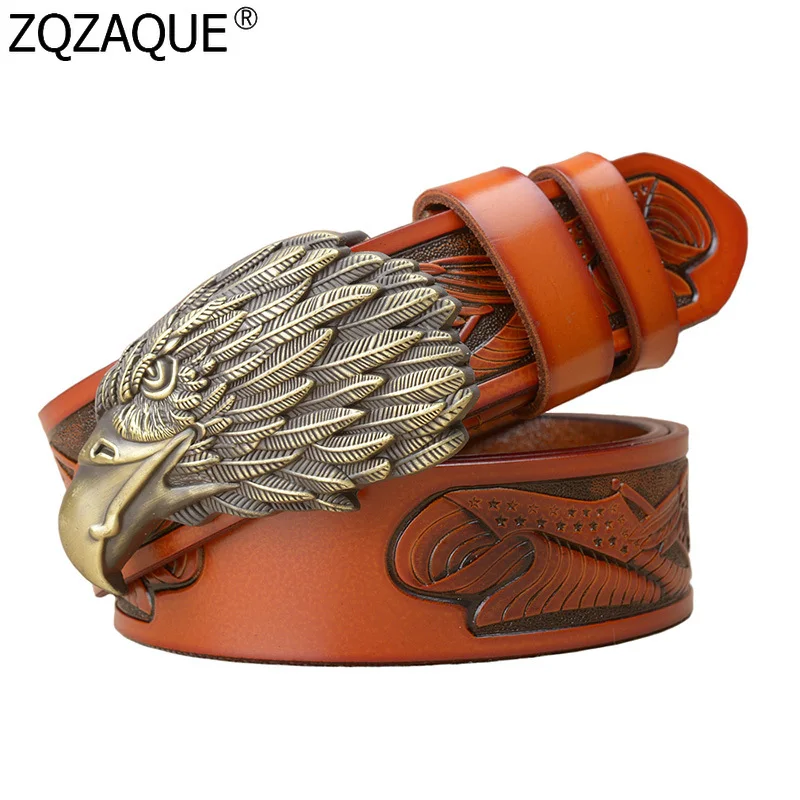 

2019 Luxury Genuine Cow Leather Belts Embossed Designer Bronze Eagle Buckle Designer Pin Buckle Belts for Men Jeans Waist Belt