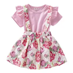 Летняя футболка с оборками с коротким рукавом и круглым вырезом для новорожденных девочек юбка с цветочным принтом комплект одежды из 2