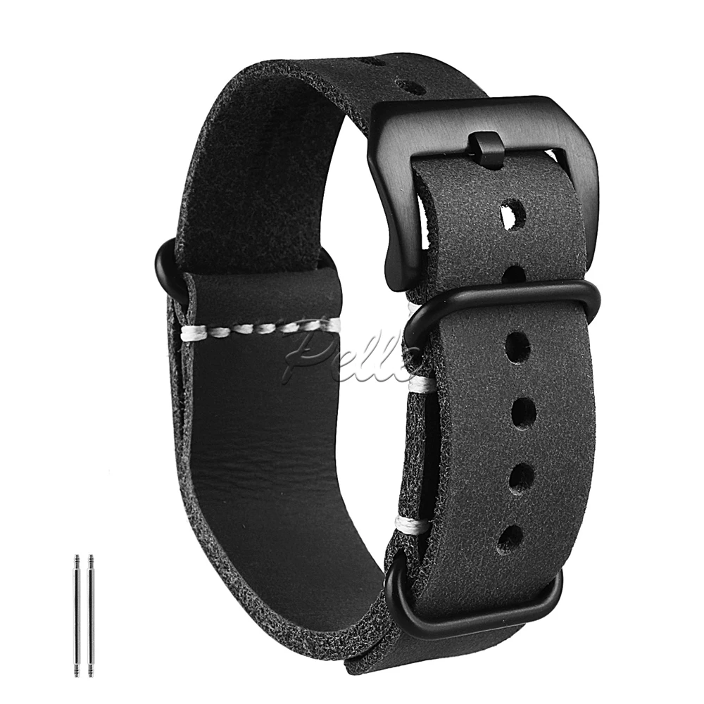 

Pelle 20mm Black Crazy Horse Leather Strap Black Buckle Leather Watch Band With Double Sides Leather Watch Strap