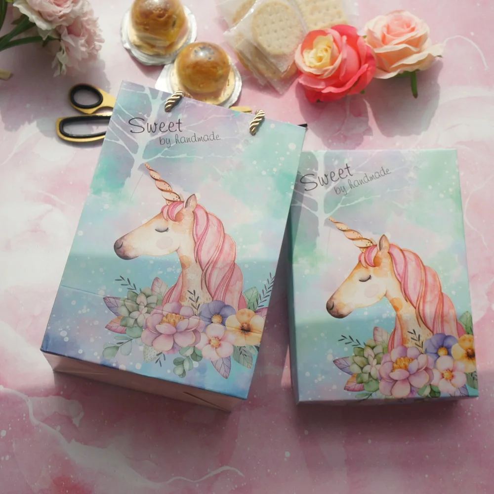 

23.5*16.5*5cm 5pcs Blue Unicorn Design Paper Box As Macaron Chocolate Cookie Wedding Birthday Party Gifts Packaging