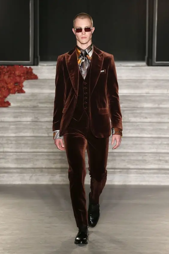 2018 Latest Coat Pant Design Brown Red Velvet Slim Fit Wedding Suits