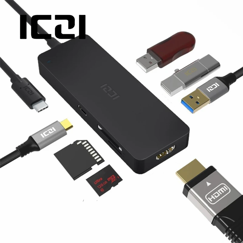 

ICZI 7 in 1 USB C Hub Type C to 4K HDMI Port 3 USB Port SD Micro SD Card Reader PD Adapter for Laptop Macbook Pro 2018