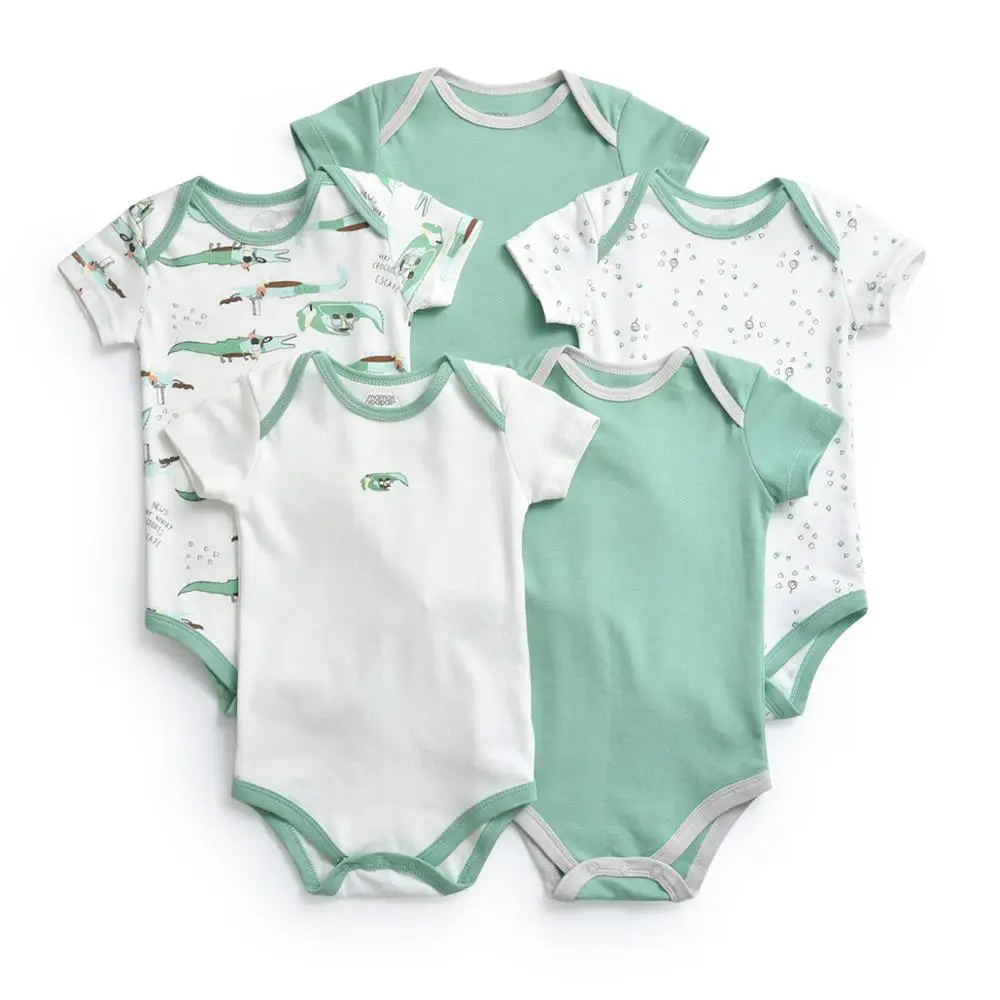 

5 Pack Bodysuits Snap Buttons O-Neck 100% Cotton Short-Sleeves Soft Cute Unisex-Baby Bodysuits 3-24 Months
