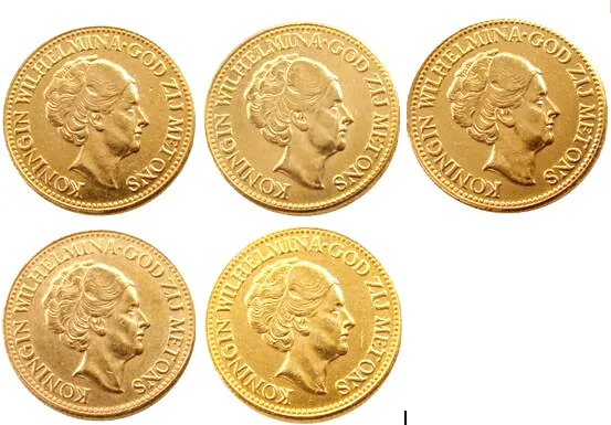 

Netherlands, Wilhelmina I, 10 Gulden, A Set Of(1925-1933)5pcs Gold Plated Copy Coins