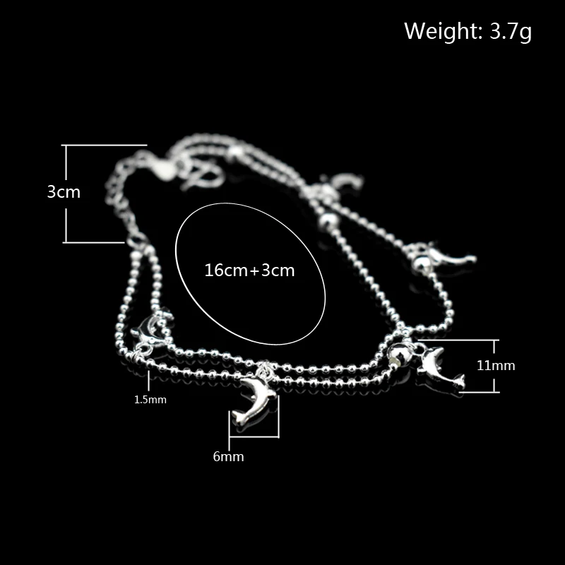 New Fashion Dolphin Pendant Double Layer Small Ball Bead Chain Bracelet 925 Sterling Silver Dolphin Bracelets Women Jewelry Gift