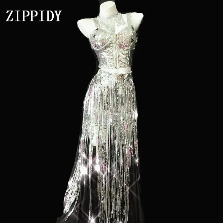 

Sparkly Full Silver Sequins Bra Long Tassel Short Outfit Set Bar Women Singer Dancer Wear Birthday Prom Celebrate Outfit Set