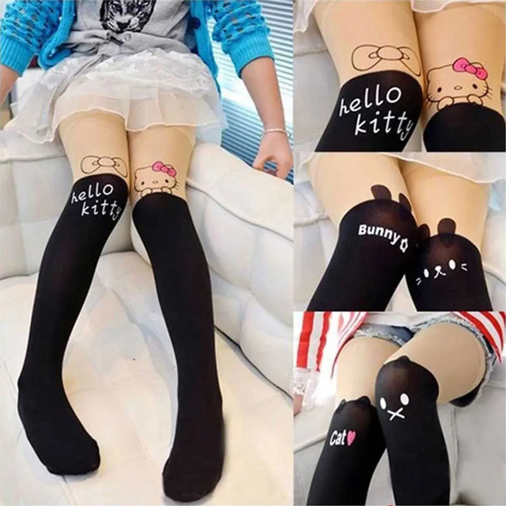 

2020 Summer Baby Kids Stockings Girls Thin Tights Pantyhose Knee Fake Tattoo Velvet Stocking white Cartoon Kitty Cat 3-8Y