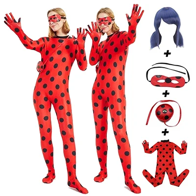 YES Spandex Ladybug Costume Jumpsuit Fancy Black Cat Adrian Marinette Super Hero Cosplay Costume For Girl Boy Adult Lady Wig - Color: adult  4pcs