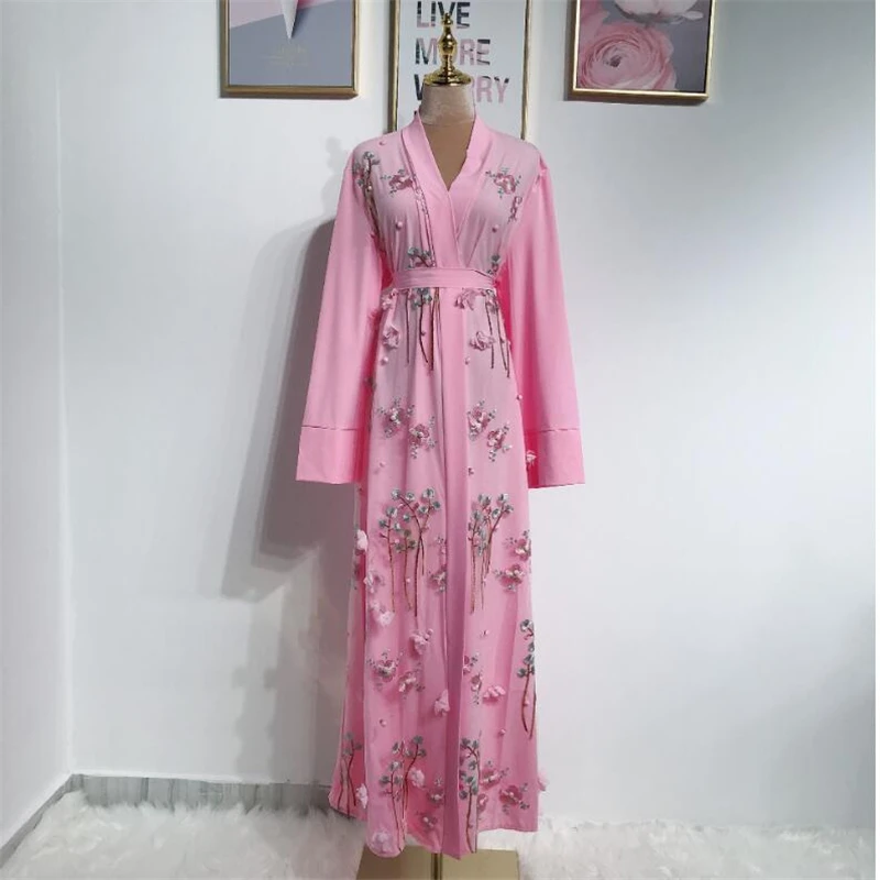 Цветочная вышивка caftan Турция abaya женское jilbabs платье с открытым передом abayas для исламских дам длинный халат