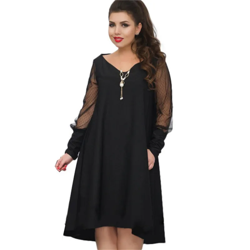 

New Women Dress Solid Mesh Plus Size Long Sleeve V-neck Ladies Dresses Frocks Summer Spring Female Dress Vestido Elbise BH189