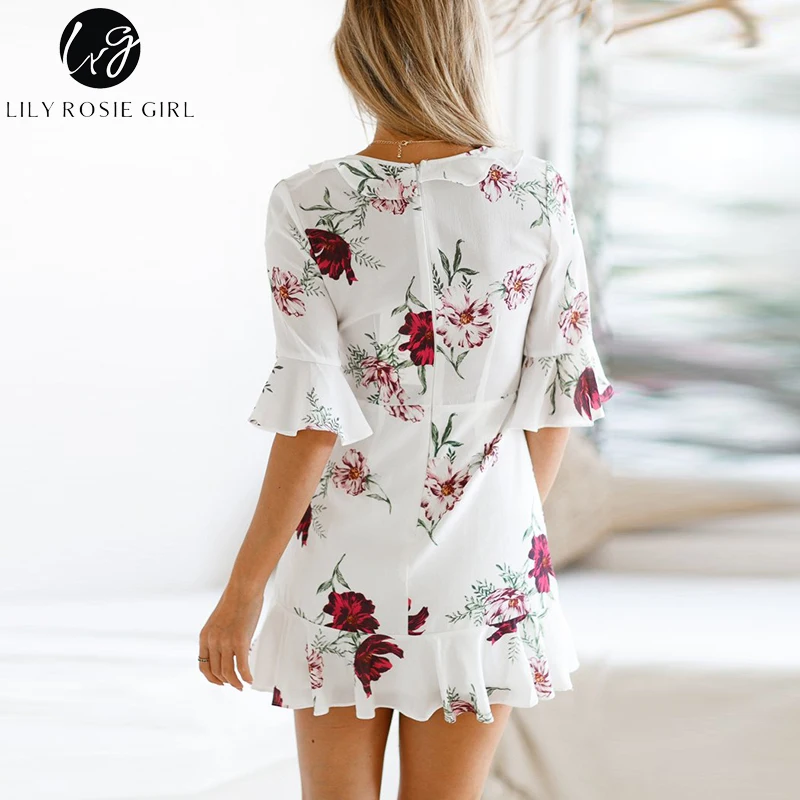 Lily Rosie/белое платье с оборками короткий рукав клеш женское мини Vestidos сексуальное v
