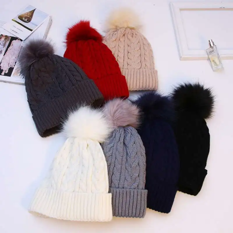

MYZOPER 2019 New Hairball Autumn Winter Solid Color Knitted Hat Keep Warm Double Layer Winter Hats For Women Adult Cap