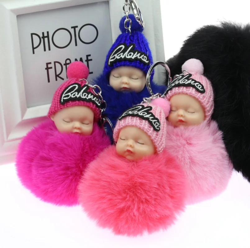 

PINXOU Dropshipping Sleeping Baby Doll Ball Key Chain Car Keyring Holder Bag Pendant Charm Keychain Plush Fur New Cute Women Key