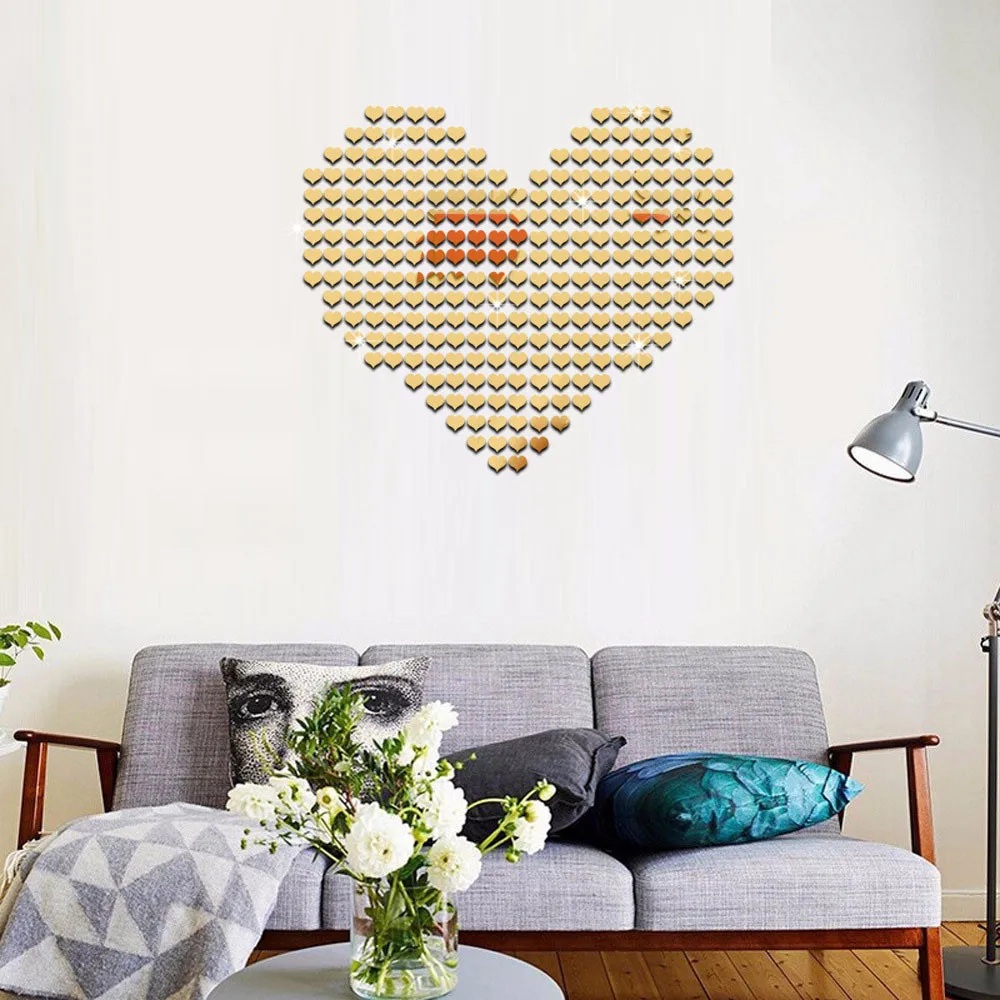 100Pcs/Set Wall Sticker Mirror 3D Decal Love Heart Stickers Combination