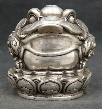 

fast shipping USPS to USA S1958 6" Chinese Fengshui Silver Golden Toad Spittor Coin Money Wealth Lotus Statue