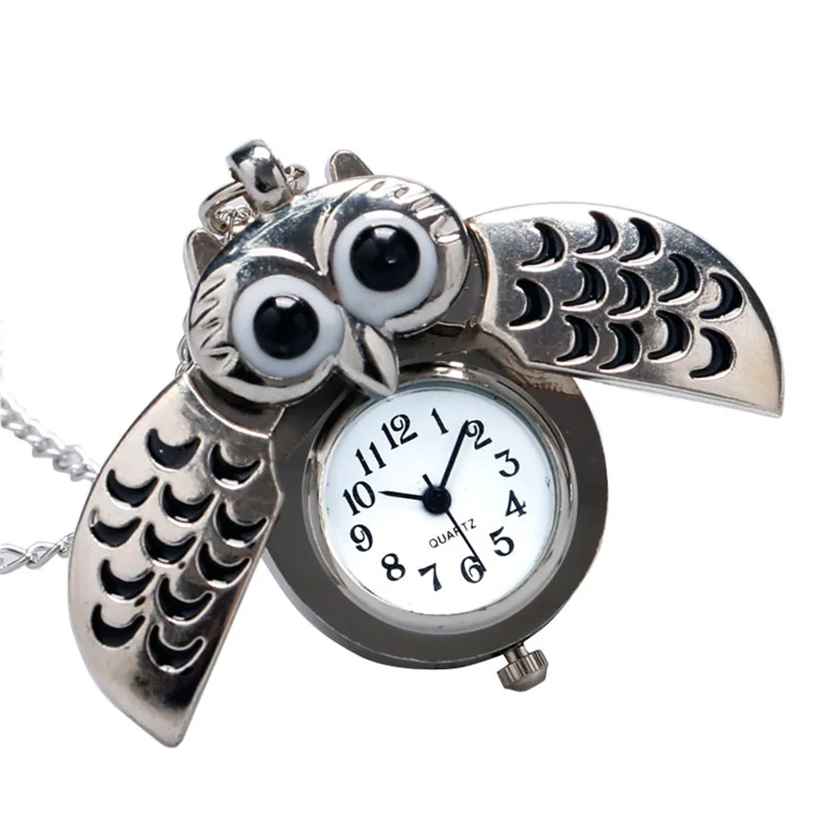 Simple Creative Silver Owl Quartz Watch Pendant Fashion Women Gift Retro Necklace Pocket Watch Vintage Lady Analog Clock (14)
