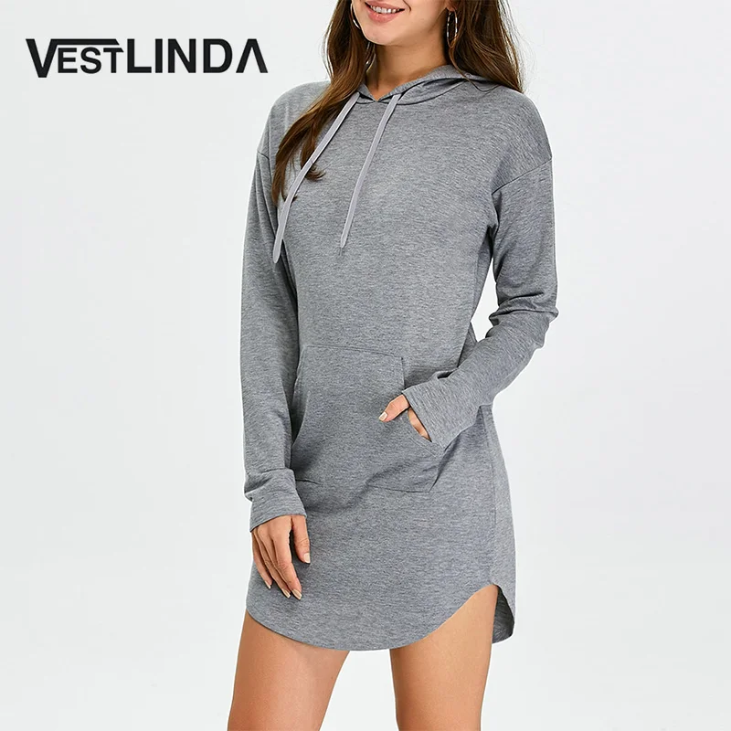 VESTLINDA Hooded Dresses Pocket Long Sleeve Sweatshirt Solid Gray Mini Dress Robe Femme Women Vestido De Festa 2017 Casual Dress 1