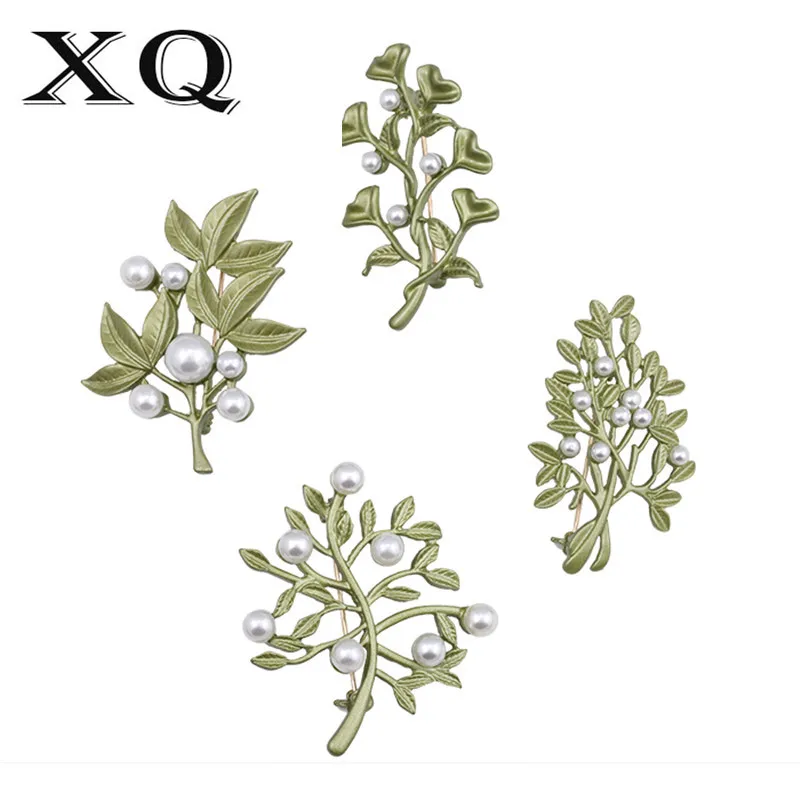 

XQ fashion new jewelry Beautiful twigs leaves imitation pearl green couple brooch Coat suit accessories for women and men