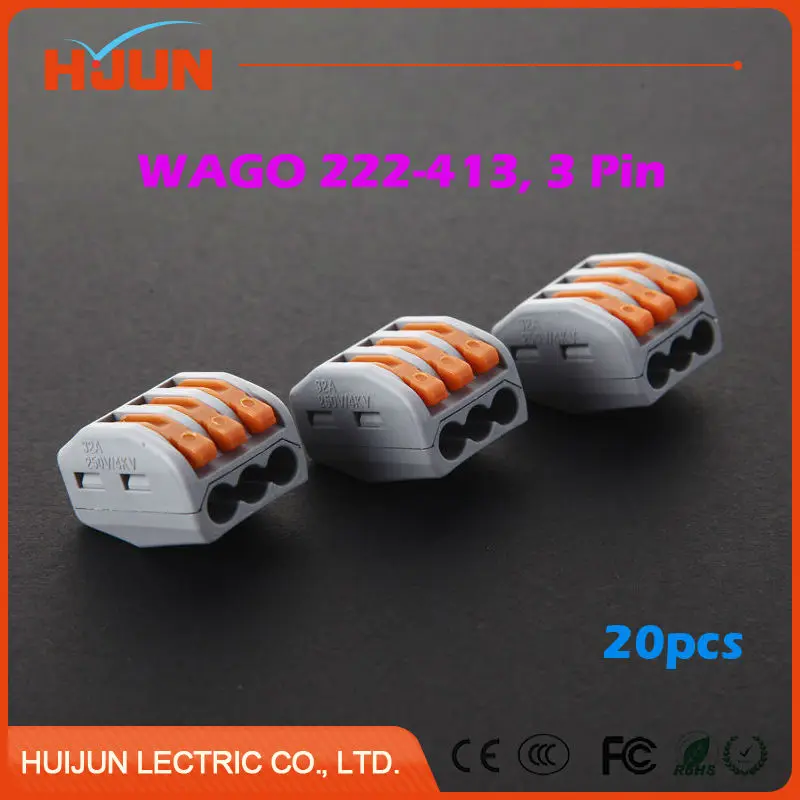 20pcs lots PCT 213 Wago 222 413 3 Pin Wire Connector Universal Junction Conductor Terminal Push