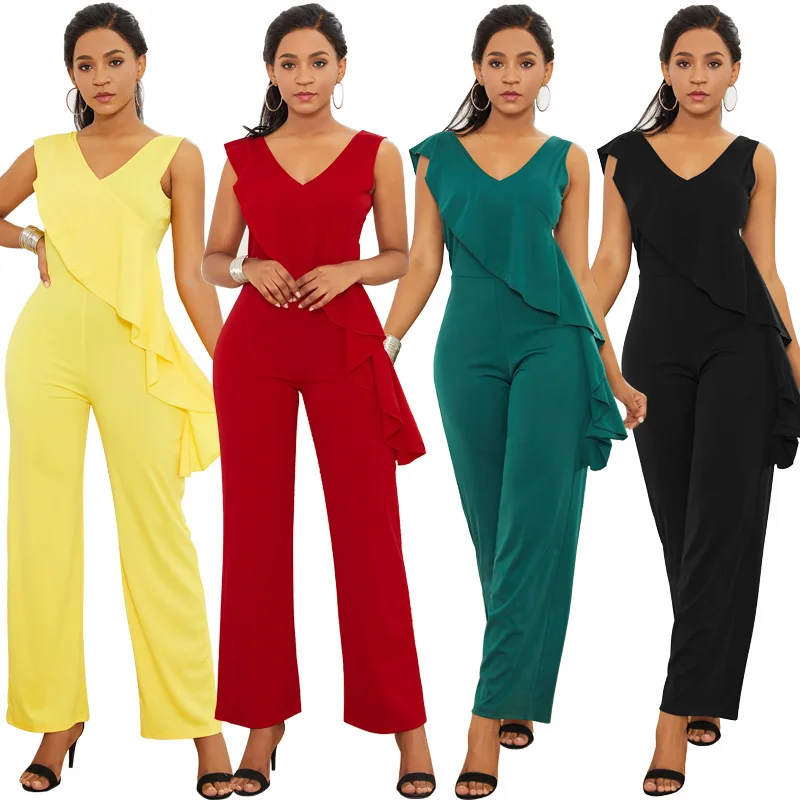 

High Quality Jumpsuits for Women Spring 2019 Sleeveless V-neck Ruffles Sexy Jumpsuit Knitted Solid Color Elegant Women Romper UK