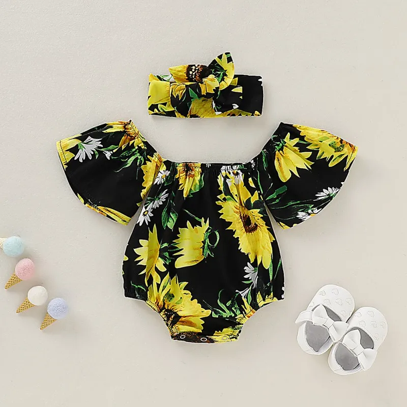 

Summer Baby Girl's Cotton Casual Jumpsuits Sunflower Printing Rompers Kids Toddler Bodysuits