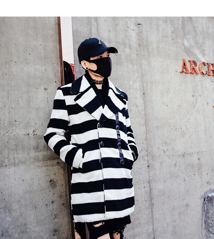 New Arrival Darkly Western Style Fashion Slim Mens Mid-Long Wool coat Hip Hop Autumn Male Casual Striped Overcoats Streetwear