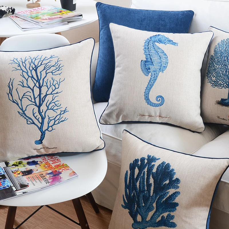 Ocean Style Creative Cushion Cover Cotton Linen Velvet Plain Throw