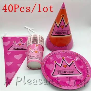 

40pcs/lot happy birthday pink crown theme party cutlery set boy girl favorite decorative banner set for 10 people party supplies