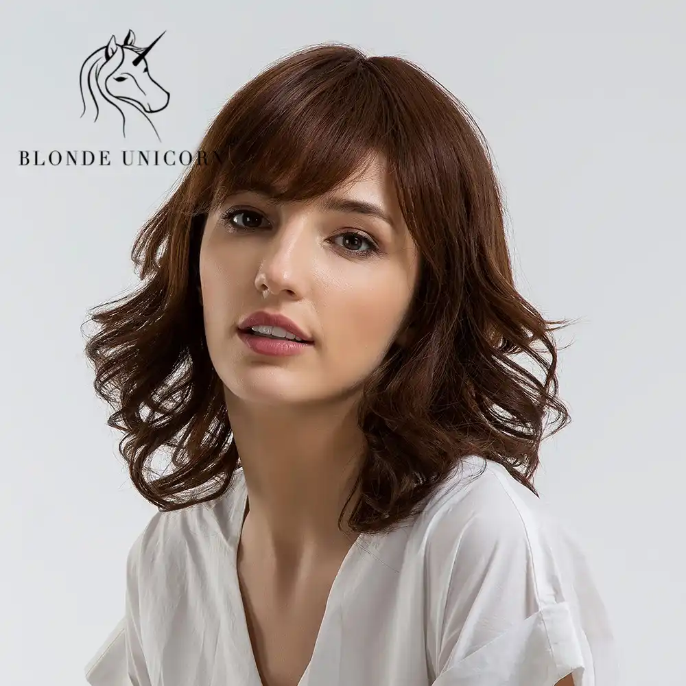 Blonde Unicorn 14 Inch Short Bouncy Curly Hair Wig With Bangs Shoulder Length Light Brown 30 Human Hair Capless Full Women Wig