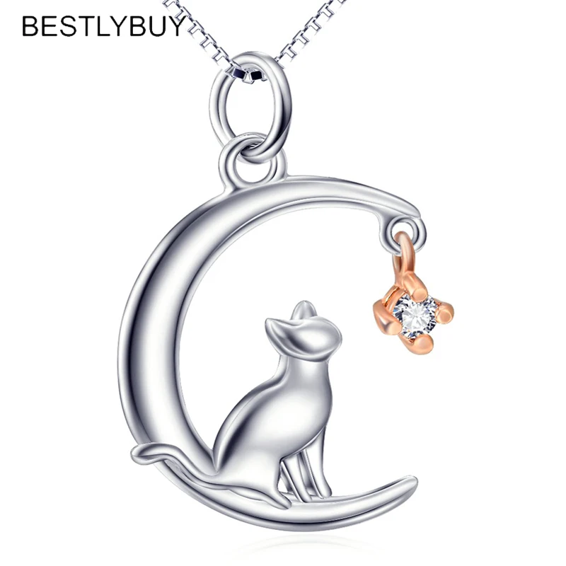 BESTLYBUY Fashion Cat Moon Pendant Necklace Charm 925 Sterling Silver