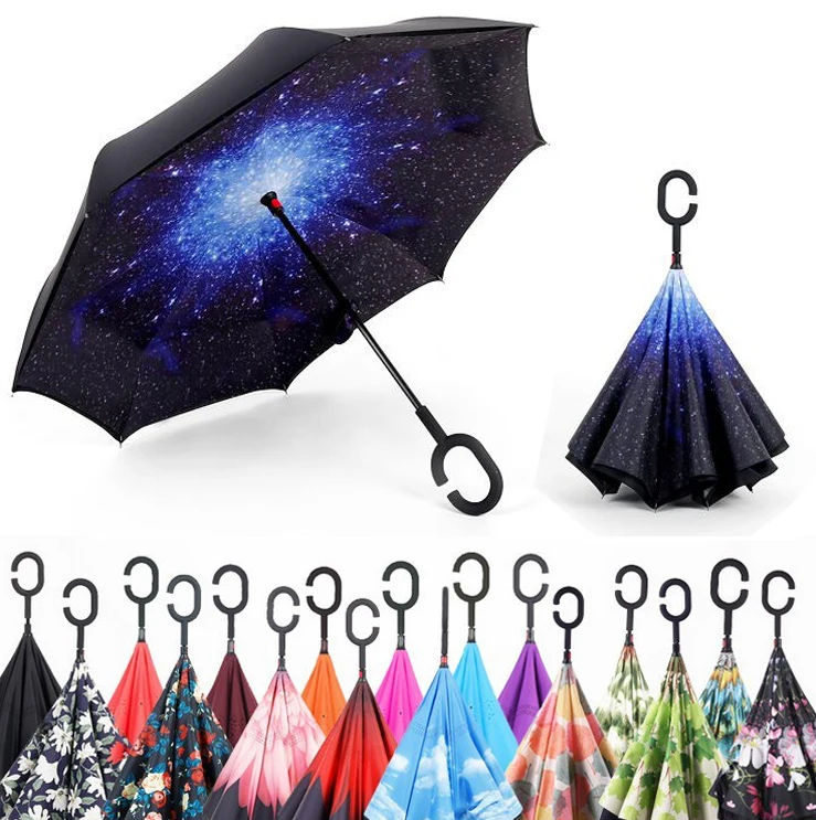 

Windproof Reverse Folding Double Layer Inverted Umbrella Self Stand umbrella rain/sun women/men high quality 2018 flowe durable