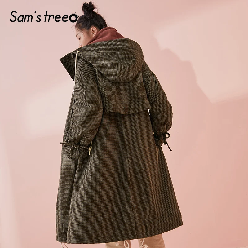 Samtree 26.1% Wool Coat Winter Hooded Women Long Coat Elastic Waist Drawstring Female Loose Blends Coat Outwear
