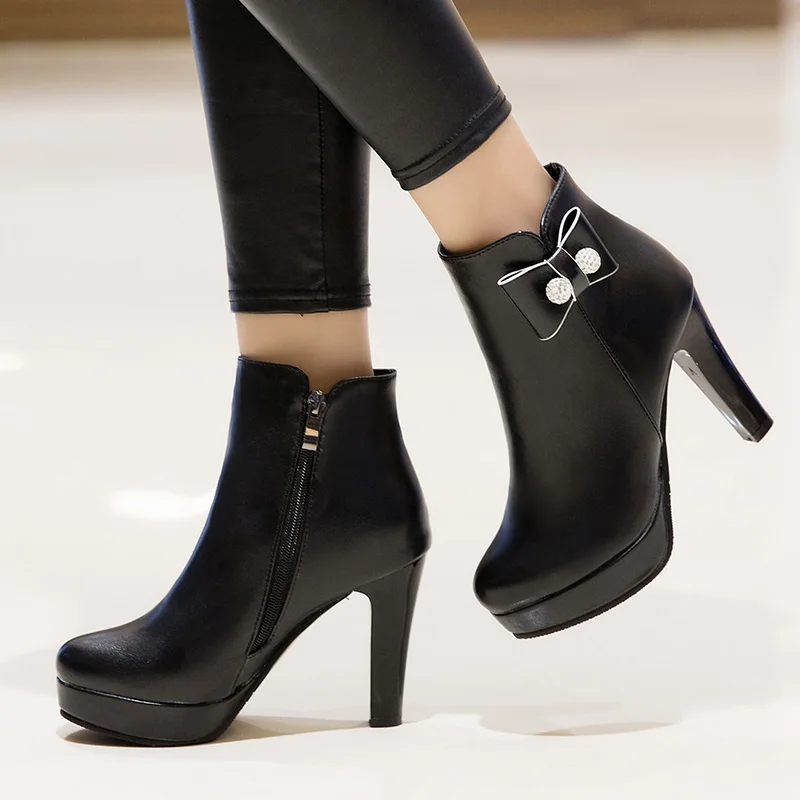 

Women's Pu Leather Ankle Boots Square High Heels Sweet Bow Platform Zip Round Toe Winter Ladies Shoes Black Pink Beige White