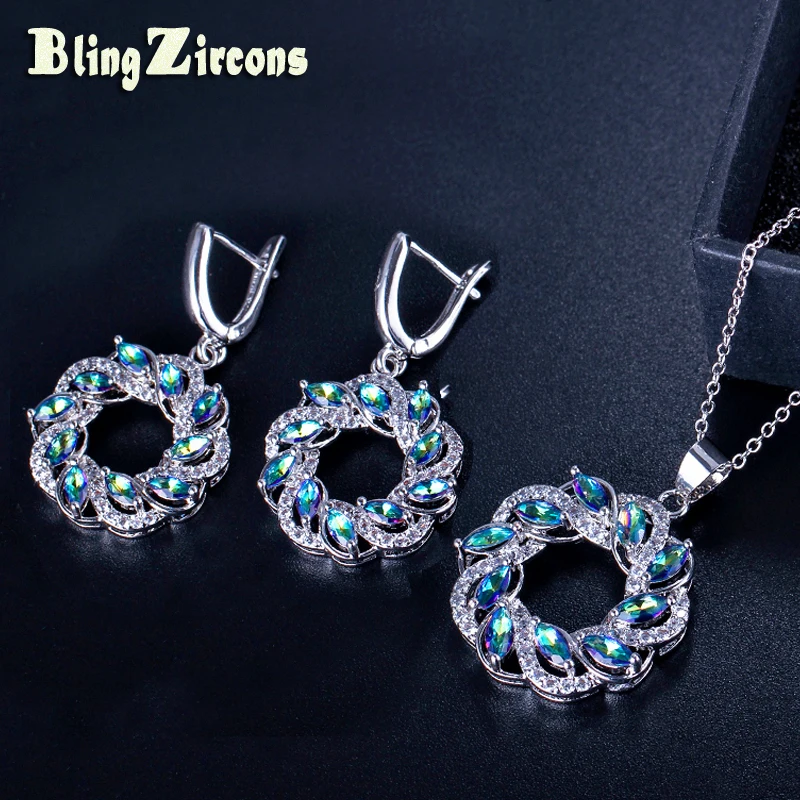 

BeaQueen Shiny Light Blue Mystical Rainbow Multicolor Crystal Big Round Flower Earring Necklace Jewelry Sets for Women JS121