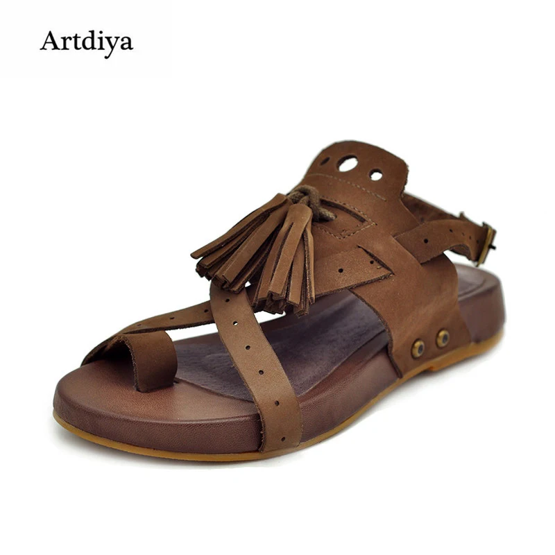 

Artdiya Handmade sandals vintage personality toe-covering flat comfortable casual sandals genuine leather female shoes
