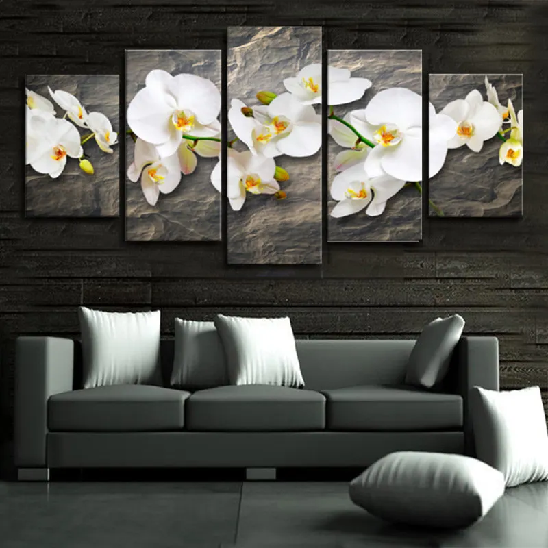 5 панелей Холст Искусство белая Цветочная живопись для домашнего декора Орхидея холст настенное искусство картины для декора гостиной(без рамки
