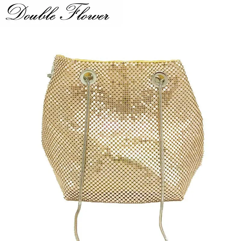 

Double Flower Gold Aluminum Women Mini Evening Purse Hobos Shape Chain Shoulder Handbags Fashion Day Clutch Bag