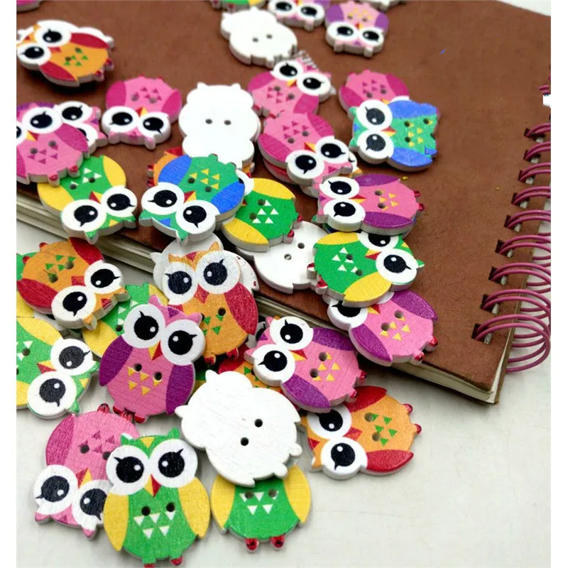 

50 Pcs/lot Mixed Color Painting Animal Owl Buttons 2-Holes Button Decorative Patchwork Handmade for Clothing DIY Eco-Friendly