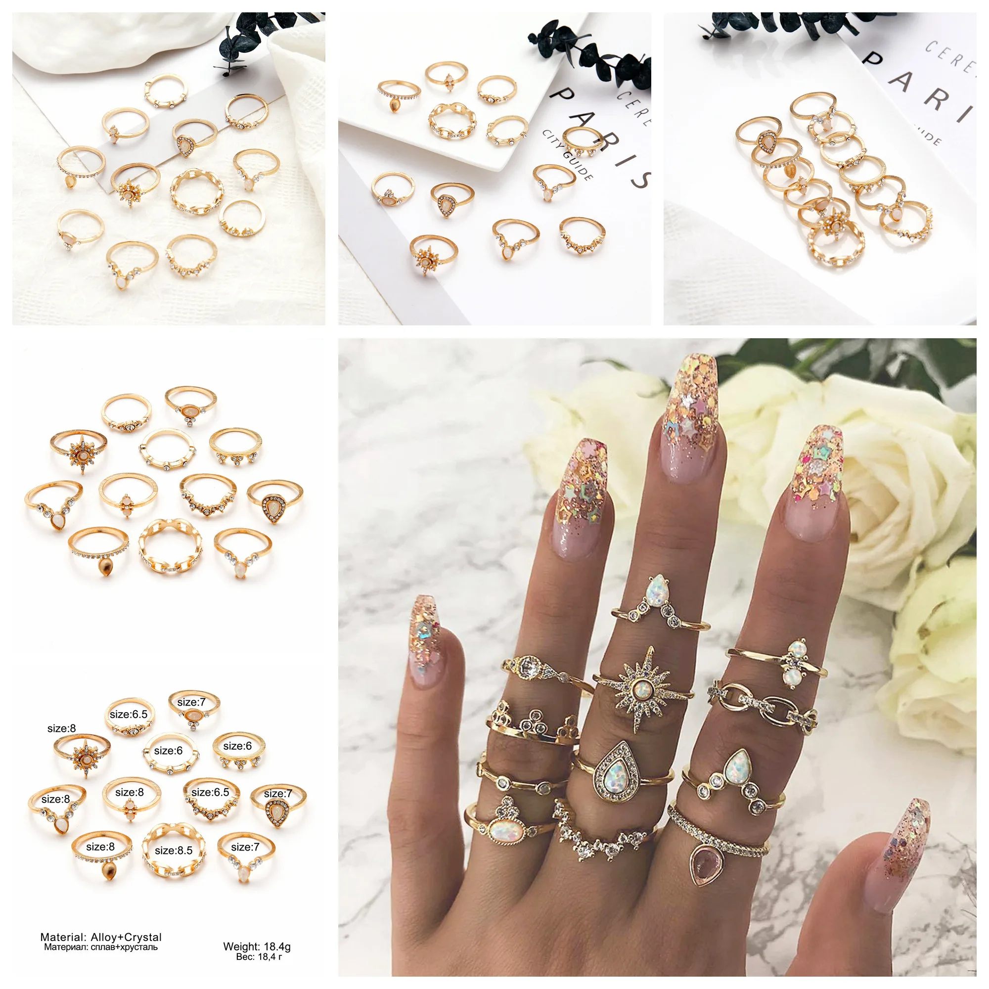 

Hsd Accessories 12 Pcs/set Bohemian Vintage Crown Water Drops Stars Geometric Crystal Ring Set Charm Joint Ring Party Wedding