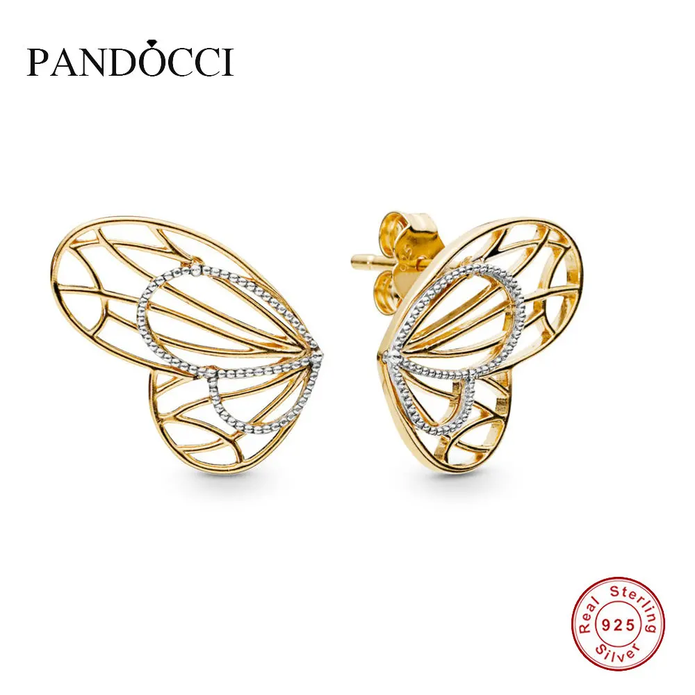 

PANDOCCI 925 Sterling Silver Shine Openwork Butterflies Earring Studs For Women Bead Charm Gift DIY Jewelry 2019 Spring