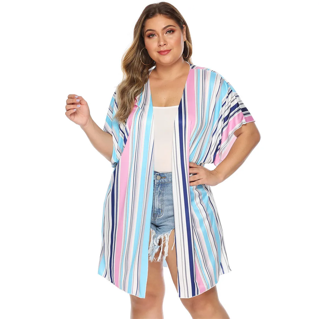 

2019 Summer XL-L4 Women Plus Size Striped Bikini Cover Up Cardigan Beach Dress Cape Swimsuit Beachwear Pareo Beach Tunics Pareos