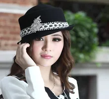 Free Shipping Elegant Women Hat Winter Ladies Wool Felt Hat Short Roll Brim Natural Pure Wool Black Grey Two Colors Available